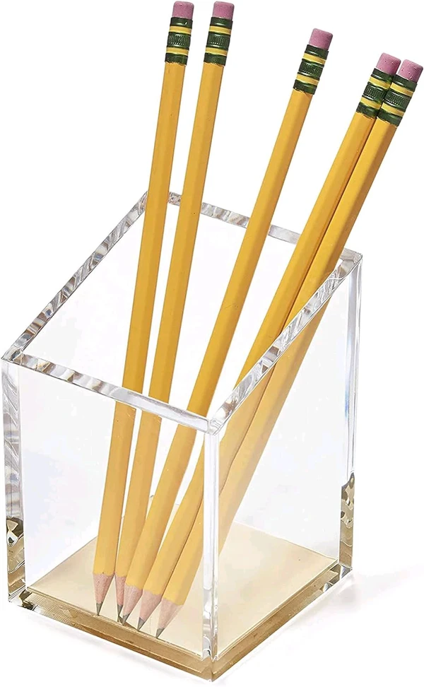  Pack of 2 Acrylic Pen & Pencil Holder - Modern Beautiful Desk Organizer for Home or Office - Contrasting Metal Base - 3" Square w/ 3..0" Front & 4.0" Back - Gold Base - Clear