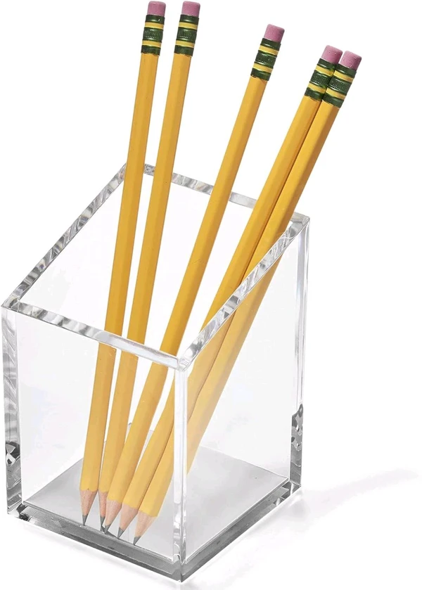  Pack of 2 Acrylic Pen & Pencil Holder - Modern Beautiful Desk Organizer for Home or Office - Contrasting Metal Base - 3" Square w/ 3..0" Front & 4.0" Back - Gold Base - Silver