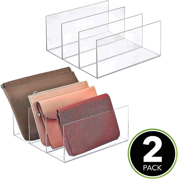 2X Clear Acrylic Purse, clutch,bag Display Stand Organizer for Retail Shops, Closets, Bedrooms. - 3 Compartment