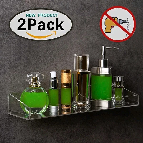 Acrylic Floating Wall Display Shelves，Clear Bathroom Shelves, Wall Mounted Non Drilling Thick Clear Storage, Display Shelves