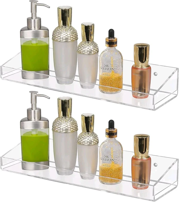 Acrylic Floating Wall Display Shelves，Clear Bathroom Shelves, Wall Mounted Non Drilling Thick Clear Storage, Display Shelves