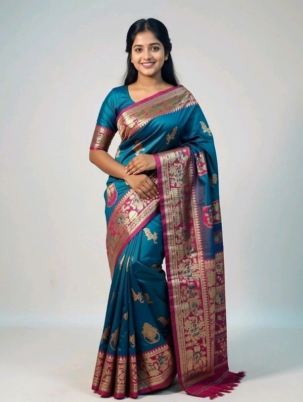 Baluchari Slik Saree in Sky Blue & Pink with Blouse Piece – Elegant Traditional Saree