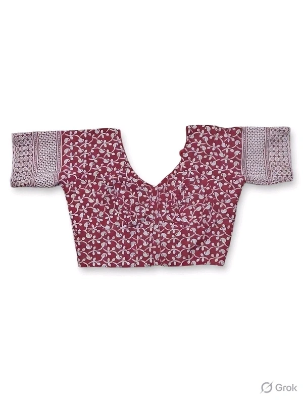 Maroon Printed Cotton Blouse – Front V Neck & Back Round Neck 
