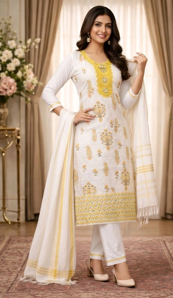 Elegant White & Yellow Cotton Churidar Set with V-Neck Front & Round Back Neck
