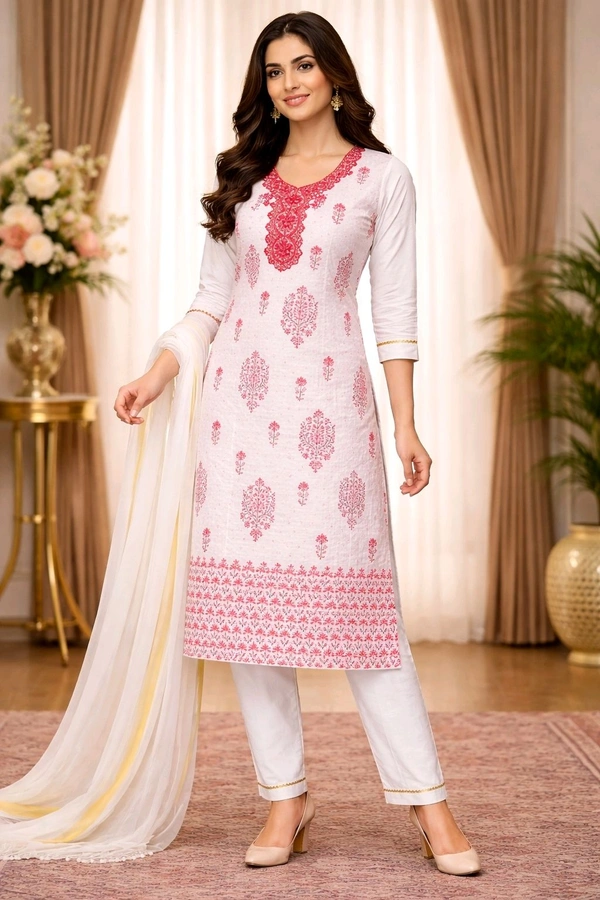 Elegant White & Red Cotton Churidar Set with V-Neck Front & Round Back Neck