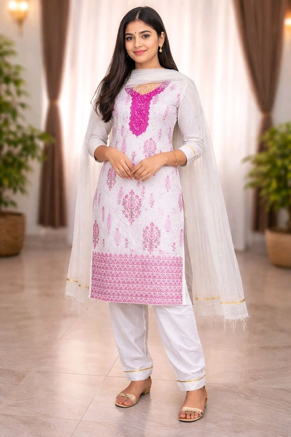 Elegant White & Pink Cotton Churidar Set with V-Neck Front & Round Back Neck