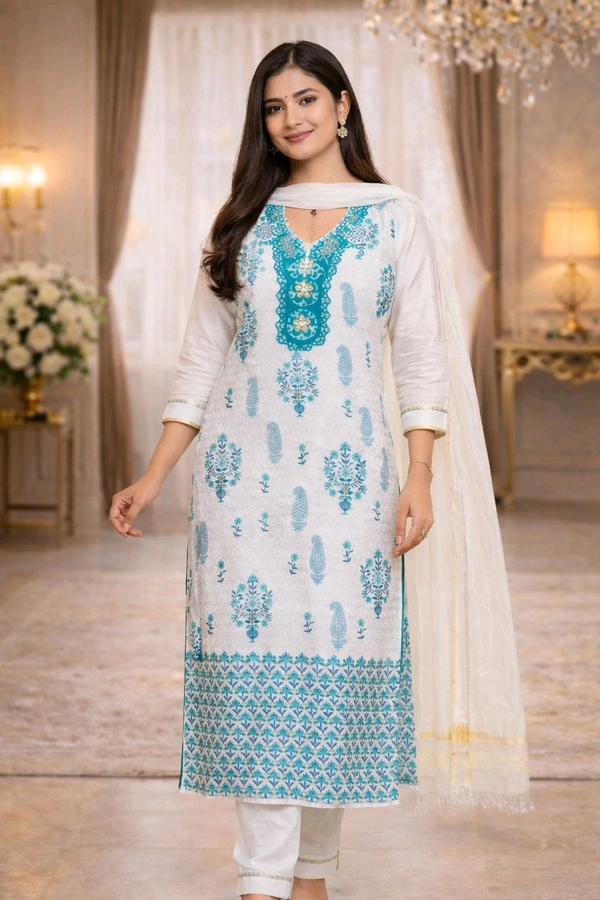 Elegant White & Teal Blue Cotton Churidar Set with V-Neck Front & Round Back Neck