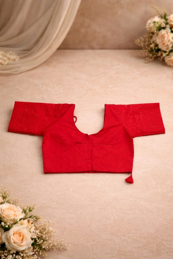 Red Cotton Chikankari Blouse with Sequin Work – Round Neck Front & Back