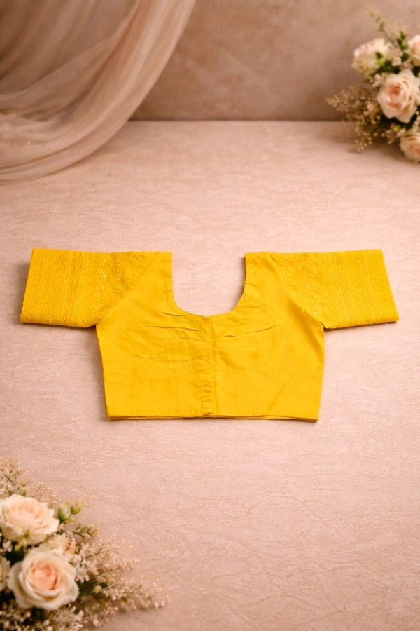 Yellow Cotton Chikankari Blouse with Sequin Work – Round Neck Front & Back (Size 32)