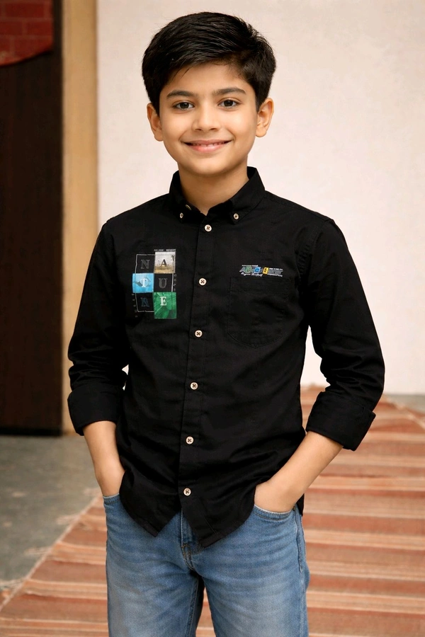 Boys Premium Cotton Blend Slim Fit Shirt | Soft & Smooth Finish (Sleek Look) | Black Colour | Size 32 | Approx. 7–8 Years Stylish Casual Wear