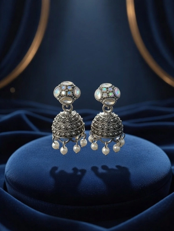 Vintage-Style Oxidized Silver Jhumka Earrings with Luminous White Accents & Pearl Drops