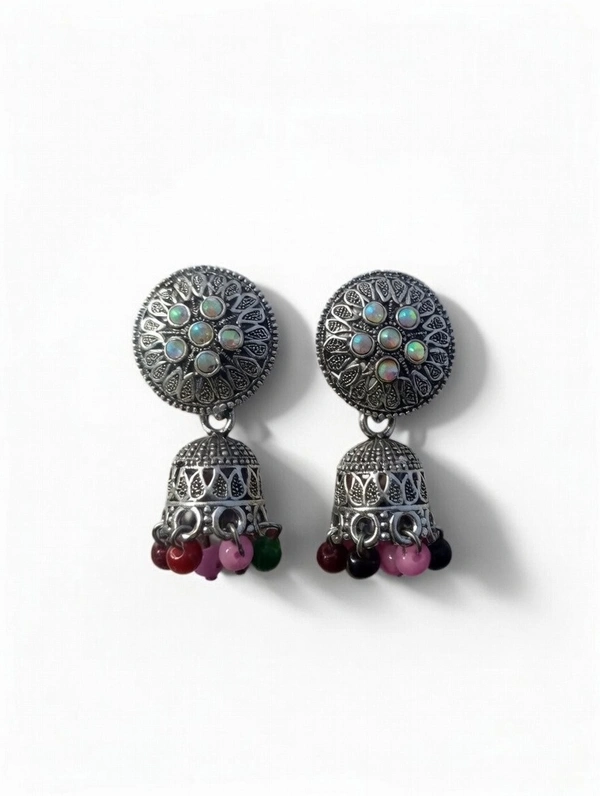 Handcrafted Oxidized Silver Floral Stud Jhumkas with Multi-Colored Pastel Bead Accents