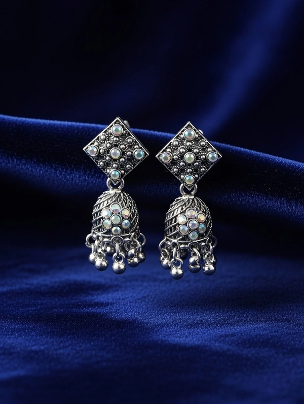 Premium Oxidized Silver Jhumka Earrings with Stone Embellishments