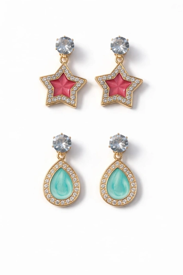 Elegant Gold Plated Crystal Drop Earrings – Pack of 2 (Red Star & Green Teardrop, Small Size)