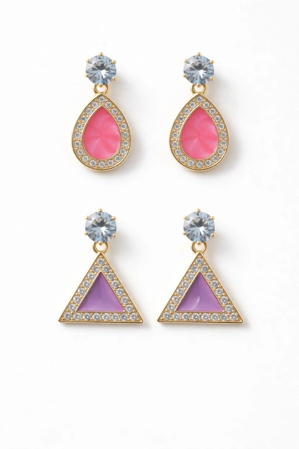 Elegant Gold Plated Crystal Drop Earrings – Pack of 2 (Pink Teardrop & Purple Triangle, Small Size)