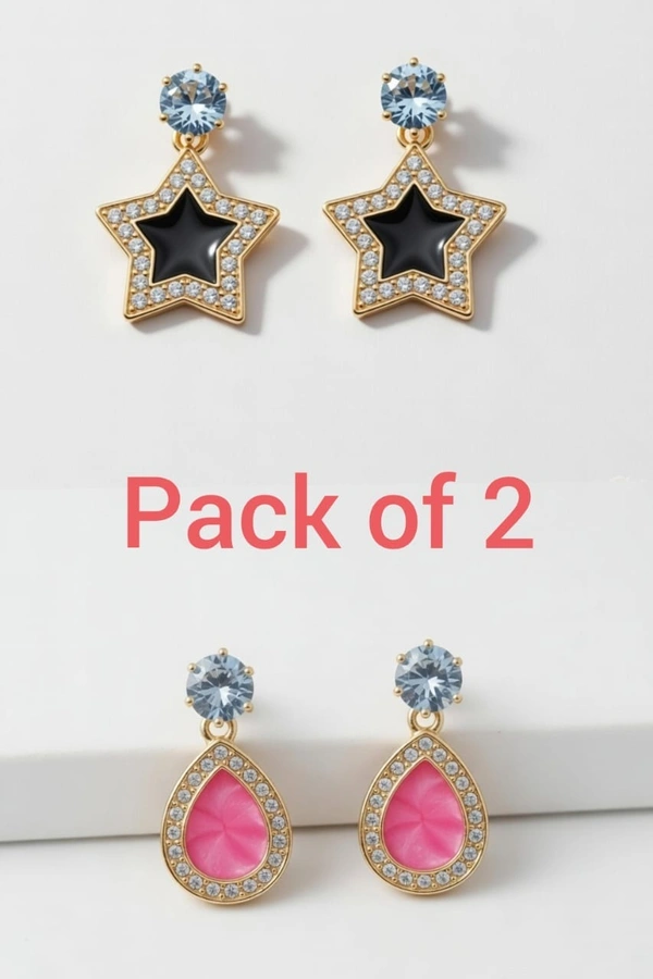 Pack of 2 Small Gold Plated Designer Drop Earrings for Women (Star & Pink Teardrop)