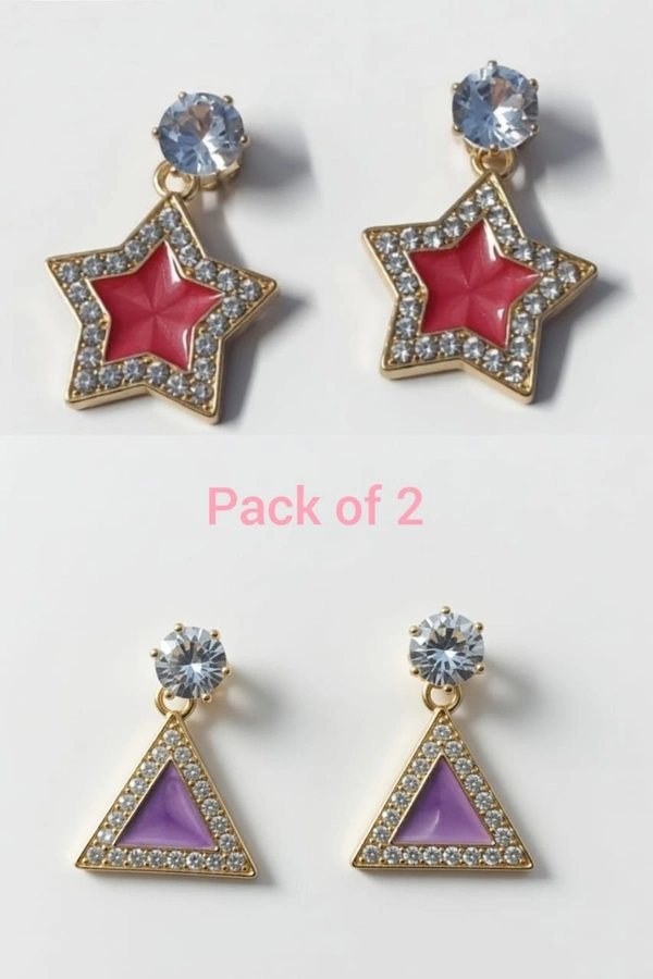 Gold Plated Crystal Star & Triangle Drop Earrings – Pack of 2 (Small Size)