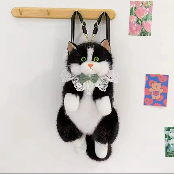 Cat Plush Backpack 55cm High Quality Simulation cat Shaped Backpack Plush Animal Backpack for Girls - Black