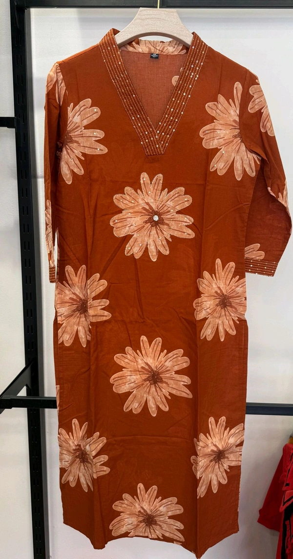 Burnt Orange Abstract Print Kurta Set - XL