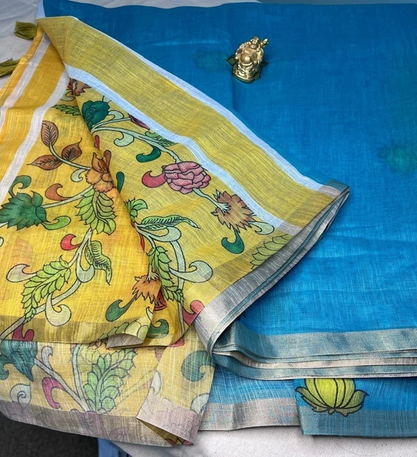 Sky Blue & Mustard Yellow Linen Saree with Hand-Painted Floral Print