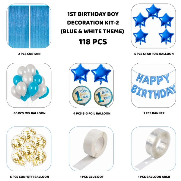 1st Birthday Boy Decoration Kit – Premium 118 PCS Blue & White Balloon Decoration Combo for Baby Boy