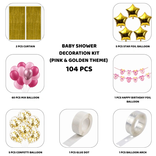 Baby Girl Baby Shower & Birthday Decoration Kit – Pink & Golden Theme (104 PCS) | Premium Welcome Baby Girl Decoration Combo