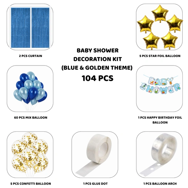 Baby Boy Baby Shower & Birthday Decoration Kit – Blue & Golden Theme (104 PCS) | Premium Welcome Baby Boy Decoration Combo