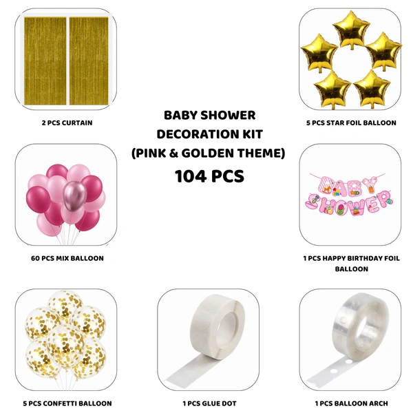 Baby Girl Baby Shower & Birthday Decoration Kit – Pink & Golden Theme (104 PCS) | Premium Welcome Baby Girl Decoration Combo