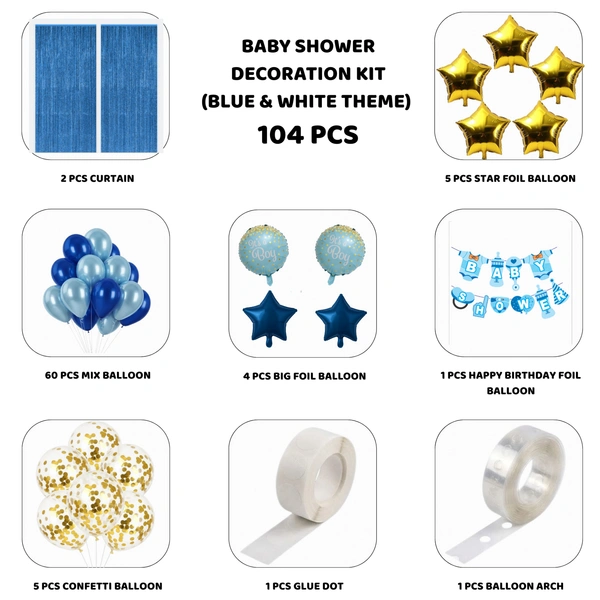 Baby Boy Baby Shower & Birthday Decoration Kit – Blue & White Theme (104 PCS) | Premium Welcome Baby Boy Decoration Combo