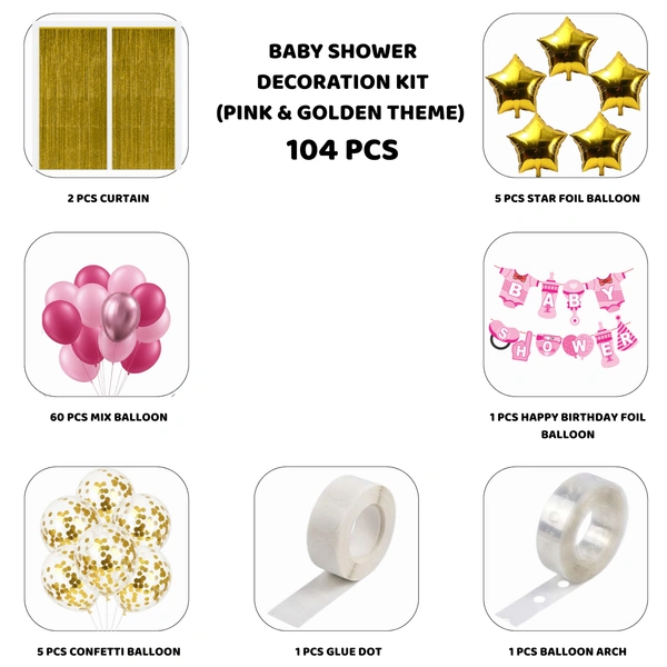 Baby Girl Baby Shower & Birthday Decoration Kit – Pink & Golden Theme (104 PCS) | Premium Welcome Baby Girl Decoration Combo