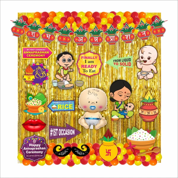 Annaprashan Decoration Kit – Red & Yellow Theme (118 PCS) | My First Rice Ceremony Decoration Combo for Baby