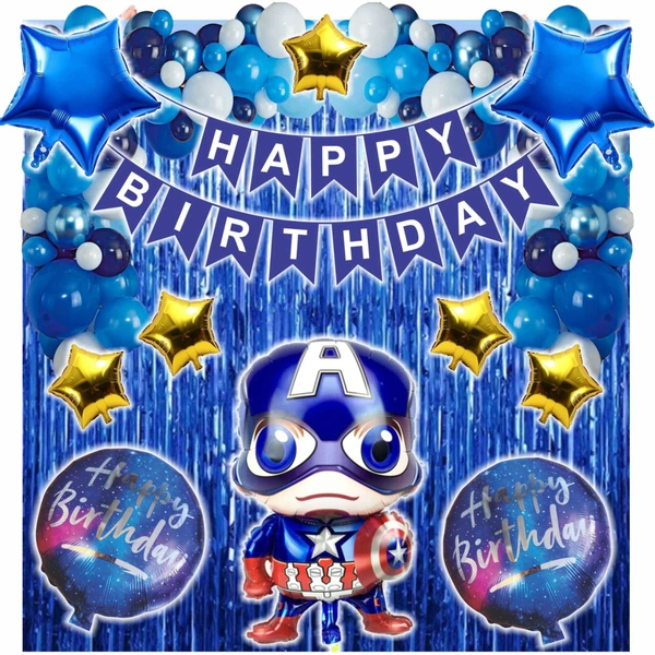 Captain America Birthday Decoration Kit – Blue & White Theme (118 PCS) | Premium Superhero Theme Birthday Decoration Combo