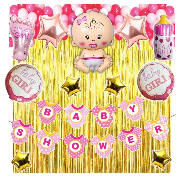 Baby Girl Baby Shower & Birthday Decoration Kit – Pink & Golden Theme (104 PCS) | Premium Welcome Baby Girl Decoration Combo