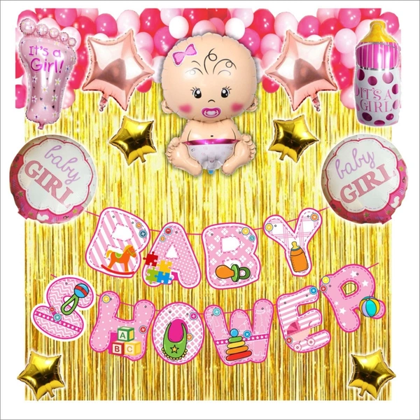 Baby Girl Baby Shower & Birthday Decoration Kit – Pink & Golden Theme (104 PCS) | Premium Welcome Baby Girl Decoration Combo