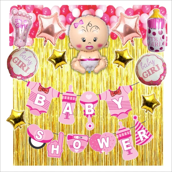 Baby Girl Baby Shower & Birthday Decoration Kit – Pink & Golden Theme (104 PCS) | Premium Welcome Baby Girl Decoration Combo