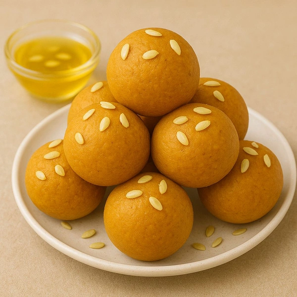 Roasted Besan Laddu with Desi Ghee & Melon Seeds – Rich, Homemade Sweet Delight