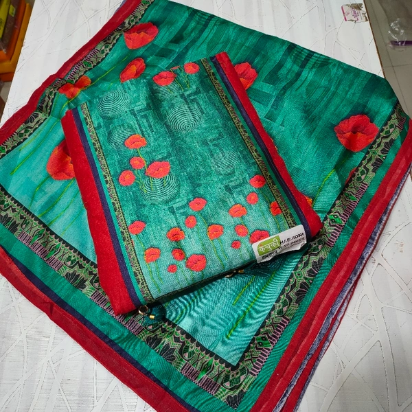 Chanderi Suit With Inner & Silk Stall  - red & yellow, free size 