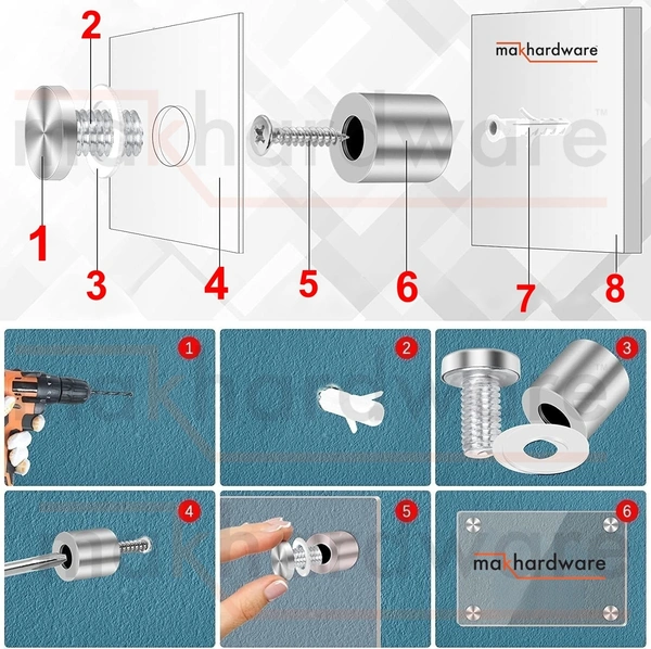 MAK HARDWARE STAINLESS STEEL (19mm Rod Thickness) SPACERS MOUNT STAND OFF BOLTS SCREWS S.S. STUDS FOR GLASS/ACRYLIC SHEETS DESIGNER SHEETS - 19mm*25mm