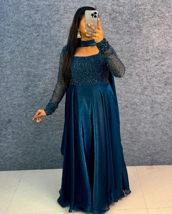 Minmmini - Party Wear Draping Style Gown ✨ - S, Peacock Blue