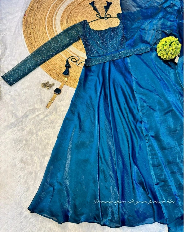 Minmmini - Party Wear Draping Style Gown ✨ - S, Peacock Blue