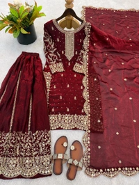 Sameera - Heavy Embroidery Sequence Work Top, Bottom & Dupatta Set - M, Wine