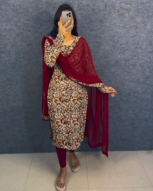 Thooriga - Pure Cotton Kalamkari Kurti Set - S, Maroon