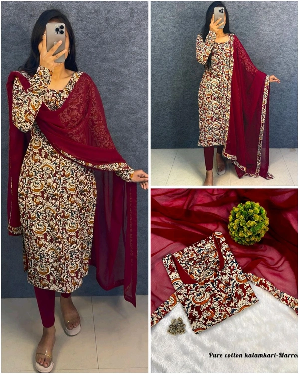 Thooriga - Pure Cotton Kalamkari Kurti Set - S, Maroon
