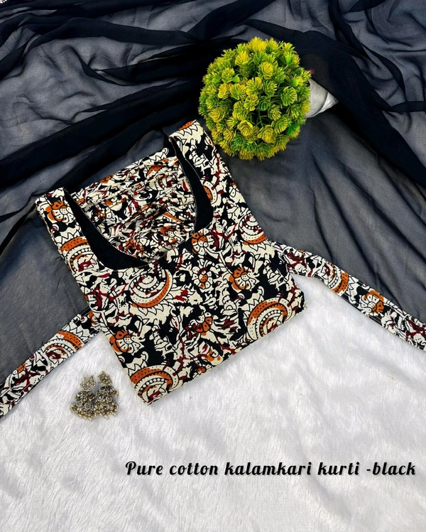 Thooriga - Pure Cotton Kalamkari Kurti Set - M, Black