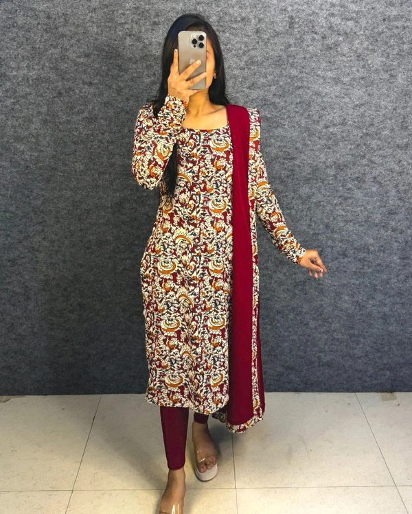 Thooriga - Pure Cotton Kalamkari Kurti Set - M, Maroon
