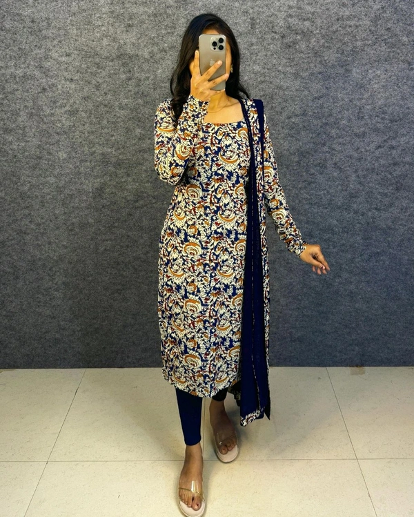 Thooriga - Pure Cotton Kalamkari Kurti Set - M, Navy Blue