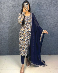 Thooriga - Pure Cotton Kalamkari Kurti Set - M, Navy Blue