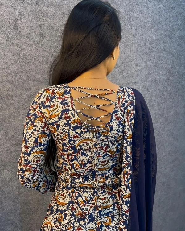 Thooriga - Pure Cotton Kalamkari Kurti Set - M, Navy Blue