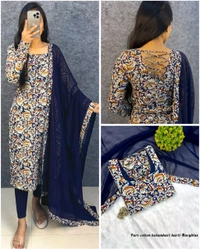 Thooriga - Pure Cotton Kalamkari Kurti Set - M, Navy Blue