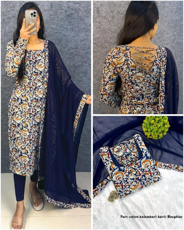 Thooriga - Pure Cotton Kalamkari Kurti Set - M, Navy Blue